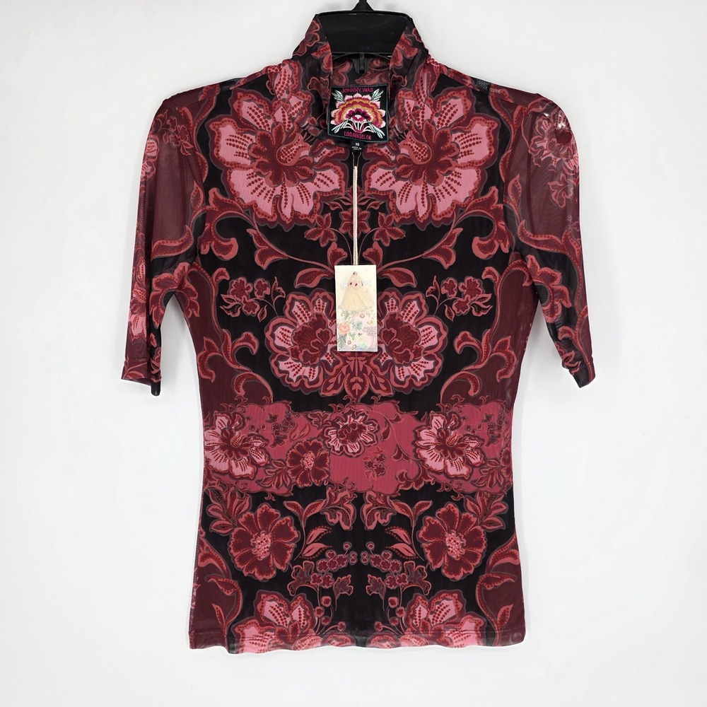 Johnny Was Blouse XS Mesh Elbow Sleeve Mock Neck Scilla Burgundy Floral Whimsy